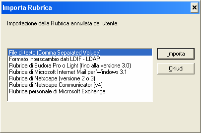 Aprite ora il programma della rubrica : Quindi dal menu selezionate File / Importa / Altra rubrica / Selezionate la scelta file di testo (Comma Separetes Values)