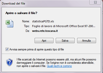 Il pulsante Scarica Excel permette di creare un file excel