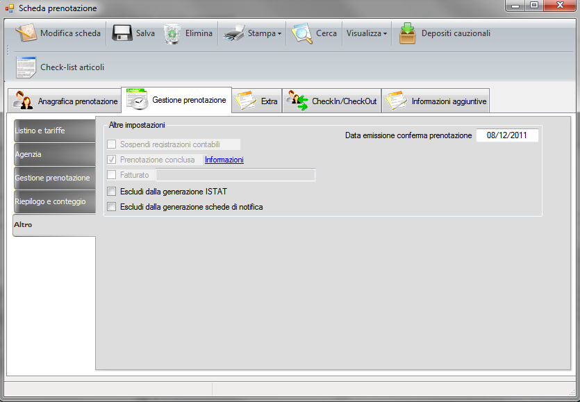 Una prenotazione può essere esclusa dalla generazione dei documenti ISTAT e delle schede di notifica, a tale scopo sono presenti nella sezione Gestione prenotazione->altro, due caselle di spunta,