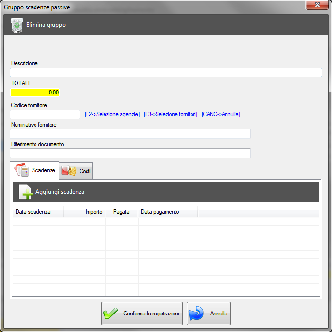 La registrazione di un gruppo scadenze passive Per gruppo scadenze passive si intende un insieme che lega tra di loro una o più scadenze passive con una o più voci di costo.