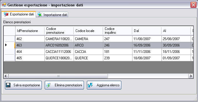 Strumenti > Gestione importazione/esportazione dati Lo strumento consente di salvare separatamente o di eliminare dal programma le prenotazioni segnalate come Sospese all interno della scheda