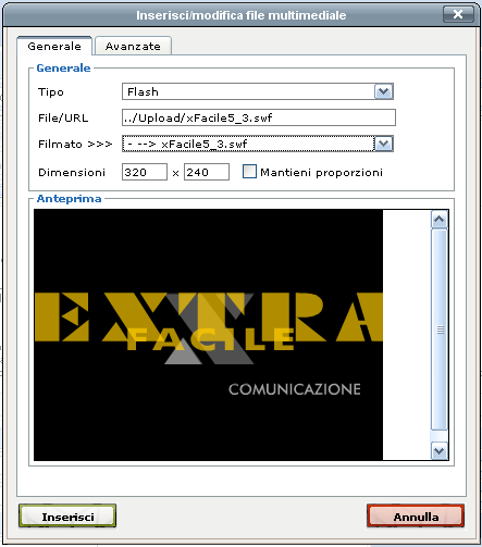 XFACILE / XTOTEM Pagina 104 1. Posizionare il cursore nel punto in cui si vuole il filmato 2. Premere il pulsante 3.