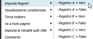 XFACILE / XTOTEM Pagina 212 Imposta Registri I Registri sono tre Aree del sistema in cui si possono inserire dei valori (solitamente VERO o FALSO) e possono condizionare la visualizzazione di parte