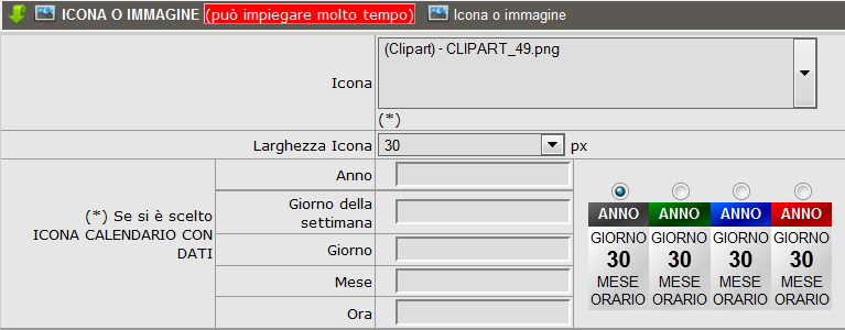 XFACILE / XTOTEM Pagina 79 Icona o immagine A sinistra della notizia è possibile inserire un'icona, un'immagine oppure un calendario.