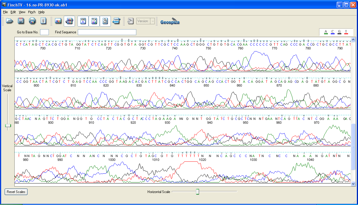 4. Controllo di qualità del segnale Figura 4.29: Analyzed Data di una sequenza di DNA con problemi di risoluzione (PR). Viene mostrata di seguito la tabella 4.