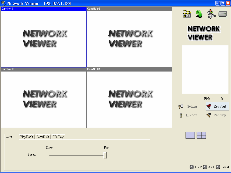 Cliccare sull icona 1 di play from network per effettuare la visione reale Per effettuare il salvataggio di file in formato.avi cliccare sull icona 3.