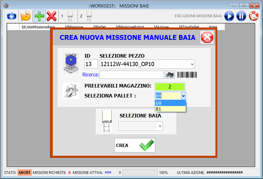 Operazioni chiamata in Baia L operatore può in qualsiasi momento, chiamare un pallet in Baia Manuale.