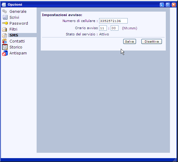 2.10. Opzioni: SMS Permette la configurazione e attivazione del servizio di notifica tramite SMS.