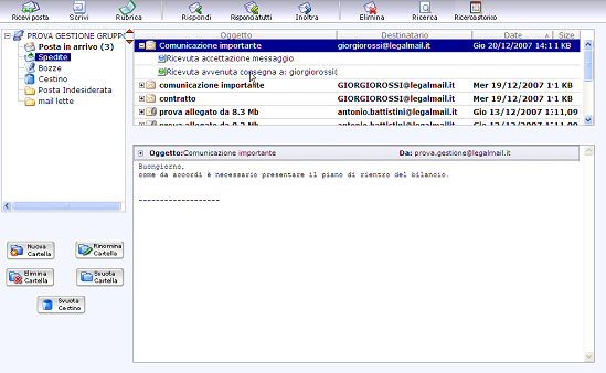 2. 19. Gestione cartelle L'area in alto a sinistra visualizza tutte le cartelle relative all'indirizzo di posta. E' possibile spostarsi da una cartella all'altra semplicemente cliccandoci sopra.