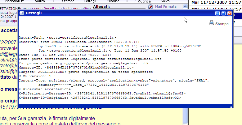 La parte (Ricevuta di accettazione) riporta informazioni dettagliate sul messaggio (data e ora di invio, mittente, destinatario ecc.