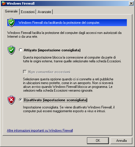 Configurazione di Windows XP Figura 2-3 Firewall disattivato 2.