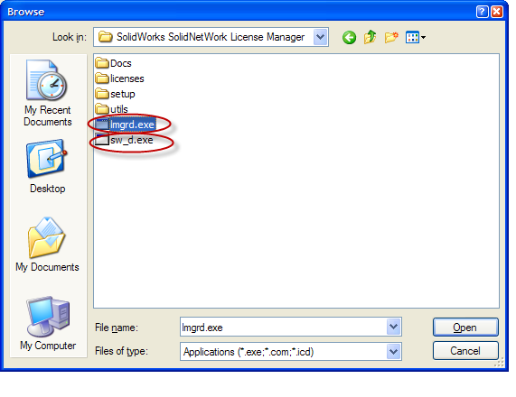 Per il firewall di Windows XP 3. Accedere alla cartella in cui è stato installato Gestore di licenze SolidNetWork SolidWorks, quindi selezionare entrambi i file Lmgrd.exe e sw_d.exe. Se il file lmgrd.