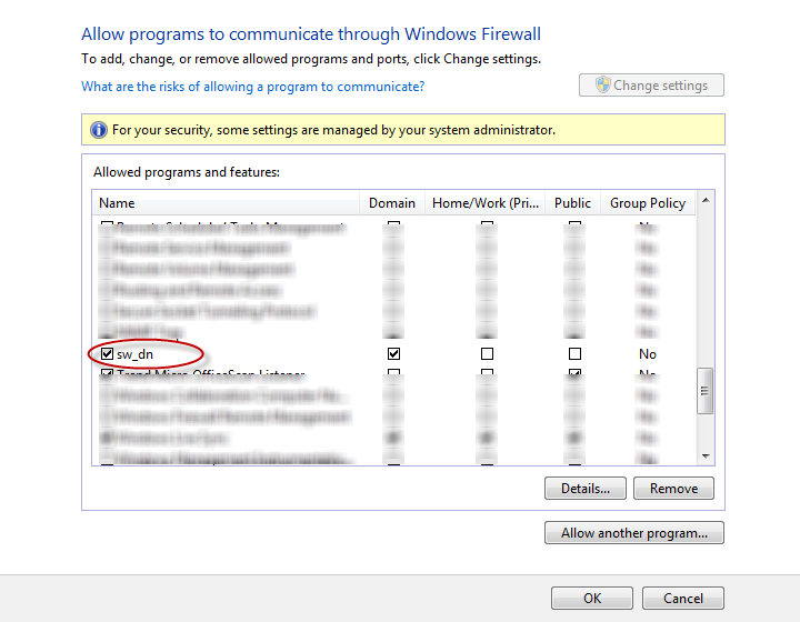 Per il firewall di Windows 7 Se il file sw_d viene aggiunto correttamente, nell'elenco
