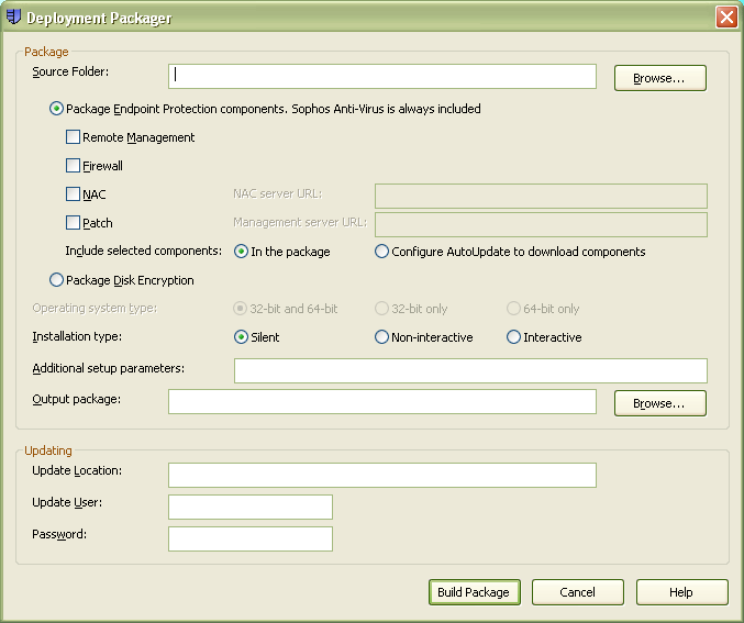 Sophos Deployment Packager 4 Creazione di pacchetti mediante l'interfaccia utente grafica Utilizzare l'interfaccia utente grafica per un'installazione singola.