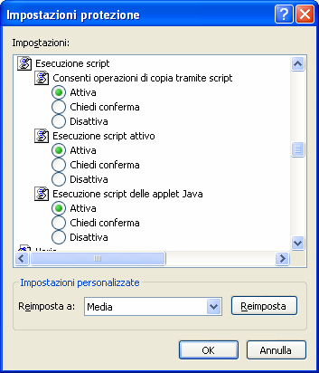 Impostazioni di protezione, circa a metà dell elenco, attivare tutte le esecuzioni script