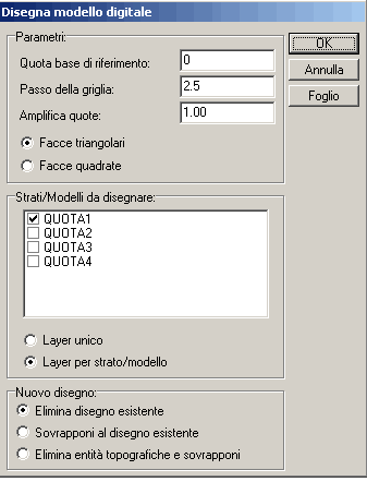 9.6 - DISEGNA MODELLO DIGITALE Questa procedura trasforma direttamente l archivio dei triangoli irregolari in una griglia regolare di facce 3D compatibili con AutoCAD e altri CAD 3D. FIGURA 9.