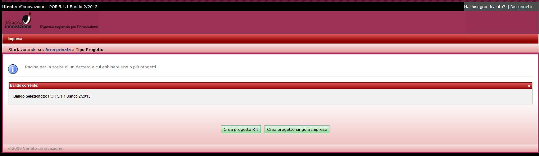 Cliccare sul bottone Crea progetto singola Impresa.