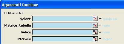 VERT e clicca su OK Apparirà la finestra di dialogo "Argomenti funzioni" che si dovrà compilare nel modo seguente: Nella prima casella "Valore", inserire il valore da ricercare nella prima colonna
