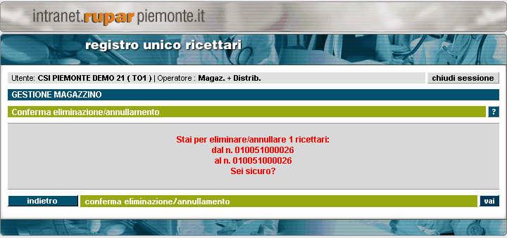 2.1.3.1 Conferma eliminazione/annullamento La pagina è direttamente collegata alla richiesta di eliminazione/annullamento dal magazzino di uno o più ricettari.