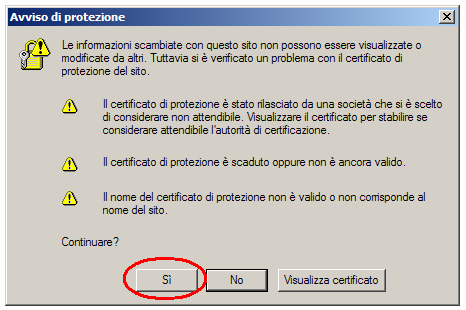 Selezionare SI per accettare il certificato e procedere all'autenticazione nel BE.