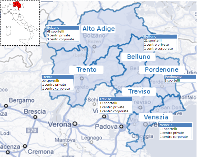 Posizione concorrenziale Banca Popolare dell Alto Adige detiene, al 31 dicembre 2010, nella sola provincia di Bolzano, il 15,5% dei mezzi amministrati totali, a fronte di una copertura della rete di