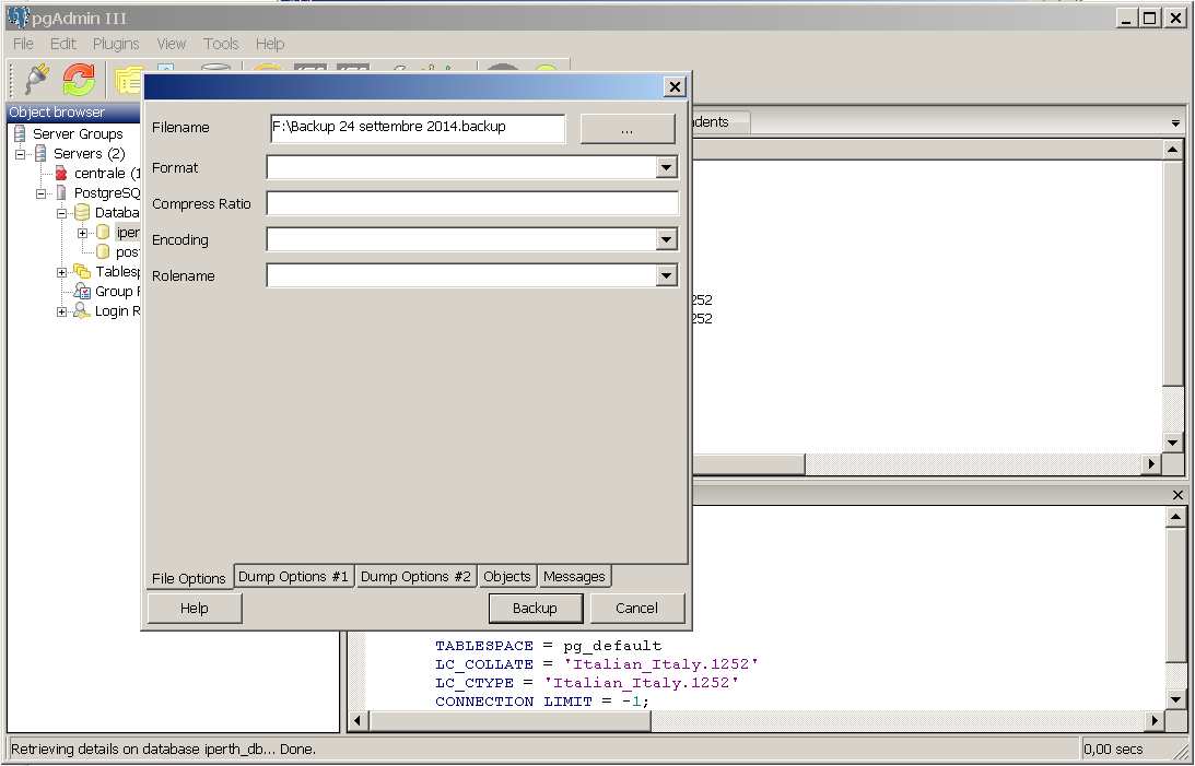 Si aprirà la schermata seguente: Nel campo Filename scrivere il nome che si vuole assegnare al backup.