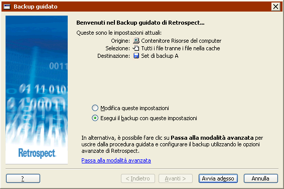 La scheda In esecuzione fornisce informazioni sul backup e contiene una barra di stato che indica lo stato di avanzamento di Retrospect Express.