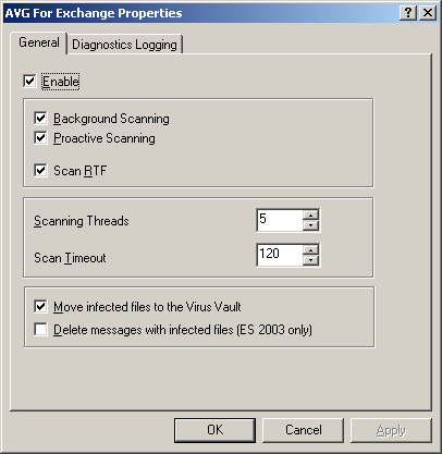 Nella scheda Generale si trovano varie opzioni preimpostate relative alle prestazioni di scansione dei virus nei messaggi e-mail di AVG per MS Exchange 2000/2003 Server: Abilita : consente di