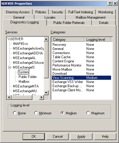 livello di registrazione desiderato dal componente Log degli eventi del sistema operativo.