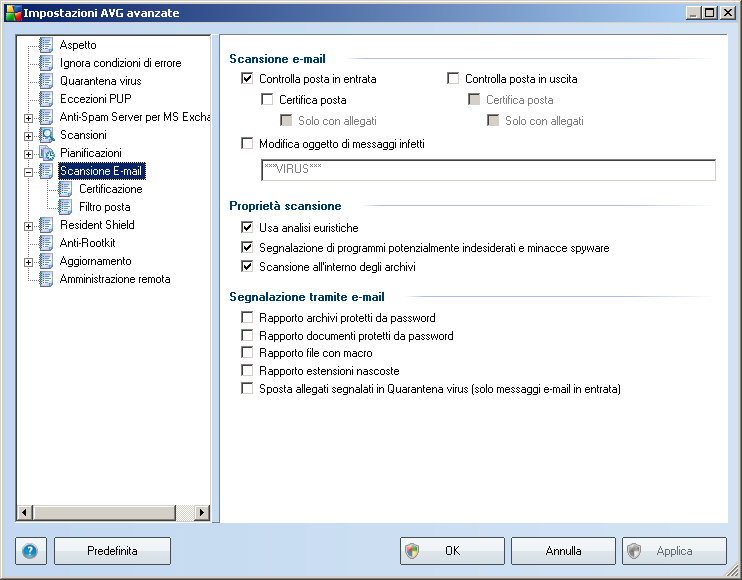 9. Scansione E-mail Le impostazioni di Scansione e-mail vengono configurate in AVG E-mail Server Edition. Dal menu principale dell'applicazione scegliere Strumenti/Impostazioni avanzate.