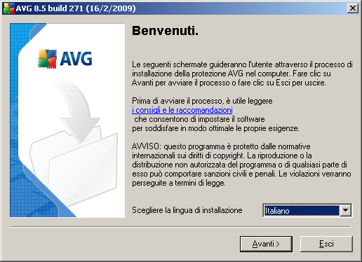3. Processo di installazione di AVG Per installare AVG nel computer, è necessario disporre del file di installazione più recente.