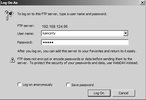 Capitolo 4 Sistema operativo Windows Connessione FTP con autenticazione dell utente Prima di stabilire una connessione FTP, è possibile richiedere un nome utente e una password.