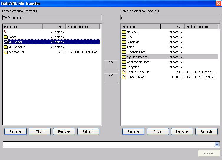 Capitolo 4 Sistema operativo Windows Trasferimento di file tra un pannello operatore locale e uno remoto La finestra di dialogo TightVNC File Transfer consente di effettuare le seguenti operazioni: