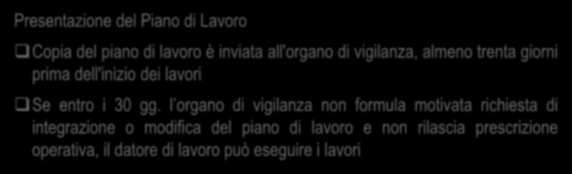 Testo Unico Sicurezza Presentazione del Piano di Lavoro Copia del piano di lavoro è inviata all'organo di vigilanza, almeno trenta giorni prima dell'inizio dei lavori Se entro i 30 gg.