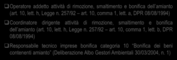 Le Figure professionali amianto Operatore addetto attività di rimozione, smaltimento e bonifica dell amianto (art. 10, lett. h, Legge n. 257/92 art. 10, comma 1, lett.