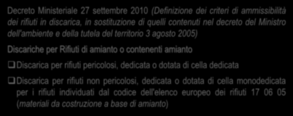 Smaltimento tradizionale dei rifiuti di amianto Decreto Ministeriale 27 settembre 2010 (Definizione dei criteri di ammissibilità dei rifiuti in discarica, in sostituzione di quelli contenuti nel