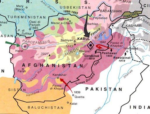 Afghanistan: una linea di confine arbitraria Linea Durand: demarcazione tracciata nel 1893 dall'inglese Mortimer Durand, con il dichiarato intento di dividere tra loro i gruppi etnici allo scopo di