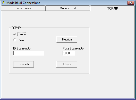 Se il dispositivo E2C è configurato come Server la connessione dovrà essere eseguita in modalità client inserendo l indirizzo IP remoto del prodotto e la relativa porta di comunicazione.