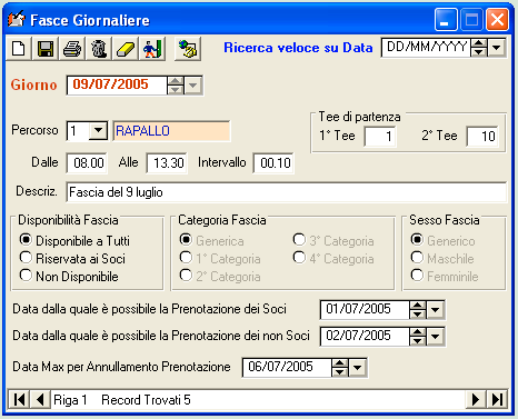 Fasce Giornaliere: Le fasce giornaliere vengono utilizzate per gestire le prenotazioni relative alle gare oppure nel caso in cui il circolo voglia limitare la prenotazione ad un gruppo particolare di