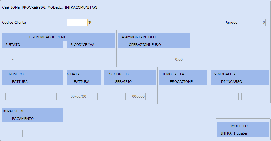 I dati richiesti per la compilazione del modello INTRA-1 quater dipendono dal valore inserito nell'opzione "Tipo Compilaz.