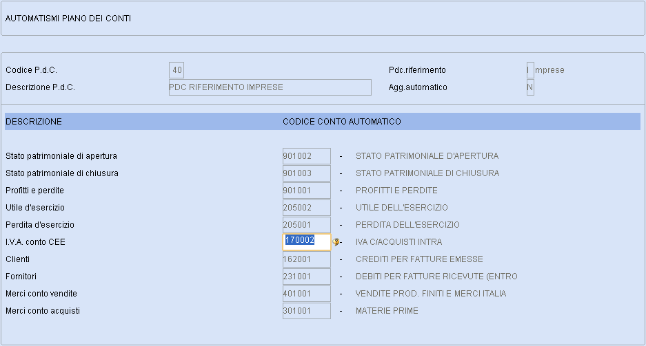 Gestione Automatismi PdC Nella "Gestione Automatismi PdC" deve essere specificato il conto relativo alla contropartita "I.V.A. conto/cee" che sarà utilizzato per tutte le aziende che effettuano operazioni intracomunitarie.