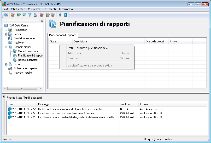 La pianificazione dei report è attiva: utilizzare questa funzione per attivare o disattivare i rapporti selezionati. Rimuovi: rimuove i rapporti selezionati da AVG DataCenter.