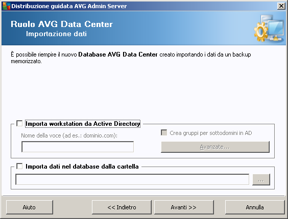 3.8. Ruolo DataCenter - Importazione dati Dopo aver confermato la selezione del database, è possibile scegliere di importare alcuni dati esistenti nel nuovo database creato.