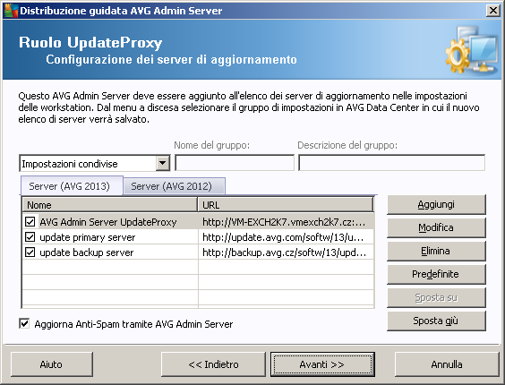 In questa finestra di dialogo è possibile aggiungere l'url del componente AVG Admin Server distribuito all'elenco dei server di aggiornamento applicabile per le impostazioni delle workstation.