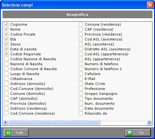 Per ogni casella selezionata nel campo Risultati comparirà una finestra dedicata di selezione campi. Spuntare le voci che si desidera estrarre nei risultati.