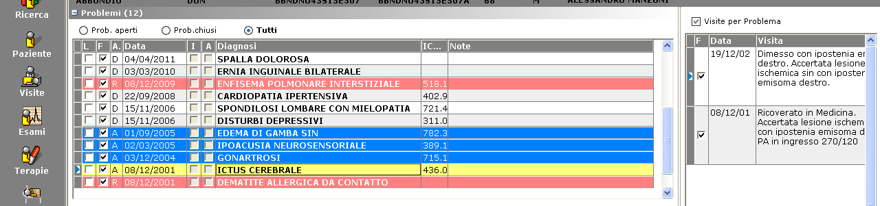 Lavorare per Problemi in Visite: Entrare nel menu Visite. Biffare la voce Visite per Problema. Attivando questa opzione, selezionando un Problema verranno visualizzate le Visite ad esso associate.