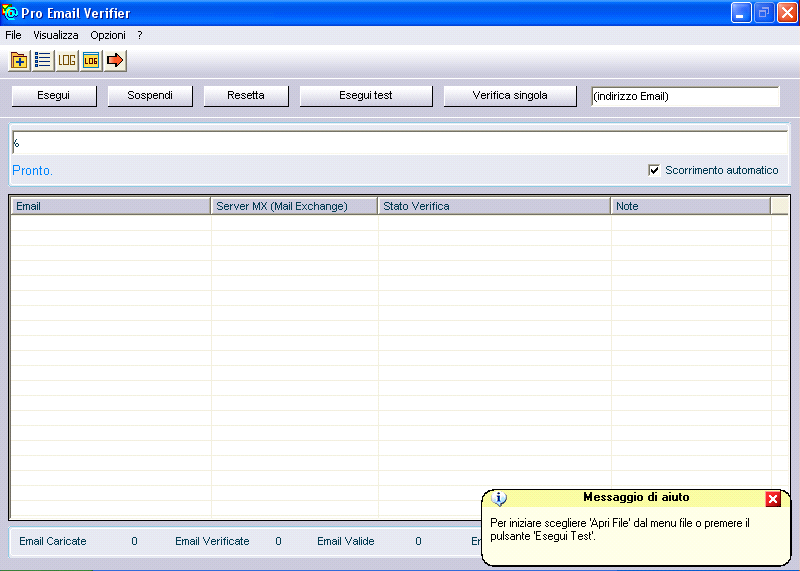 A questo punto per avviare la fase di verifica occorrerà caricare un file contenente gli indirizzi e mail da verificare selezionando la voce Apri File nel menu File o in alternativa scrivere a mano