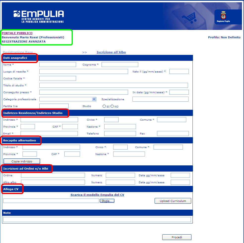 2.4.2. Registrazione come Professionista Nella procedura di registrazione avanzata, l utente, registrato come Professionista, dopo essersi autenticato entra nella pagina a lui riservata - ben