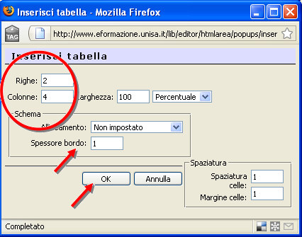 Figura 66: scheda Inserisci tabella - Aggiunta di link: per aggiungere un link al testo, per prima cosa è indispensabile selezionare il testo da trasformare in un link, poi cliccare sul pulsante link