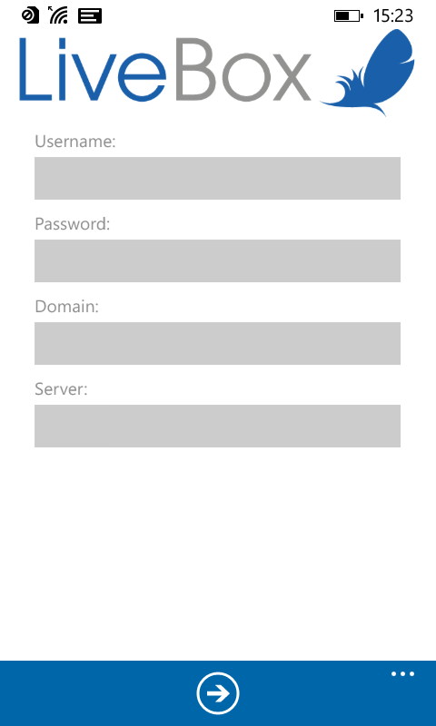 1. LOGIN Per accedere all applicazione Windows Phone di LiveBox occorre effettuare il Login dalla pagina d accesso, inserendo Username e Password e specificare il server che verrà comunicato dall